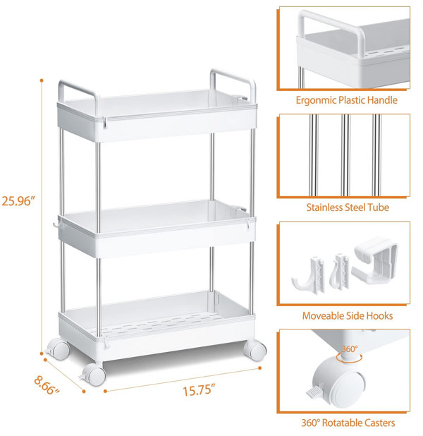 Draper 3 Tier Storage Trolley, Mobile Shelving Unit With Handle Hook